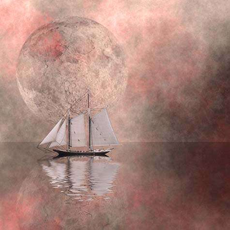 This graphic of a schooner on placid waters, with a looming, large cratered sphere against rose and grey toned space, illustrates Index H of moral, spiritual, Bible and religious subjects by Peace Publishes.