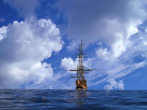 Silhoueted against white clouds and blue skies, this great ship with sails furlled rest on a calm sea, a picture adorning Index S of Peace Publishers, with materials covering moral, spiritual, Bible and religious studies.