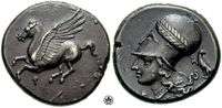 Fotografía de ambas caras de una moneda antigua estátera usada en la antigua ciudad de Corinto, ilustración para el ensayo sobre Lenguas y profecías por Homero Shappley.