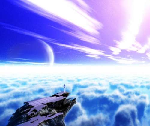 Imagen abstracta de una figura diminuta humana parada sobre la punta de un pináculo de piedra que se extiende sobre una masade nubes blancas con tonos azules que se pierde en el horizonte y arriba un esfera borrosa en un cielo de azul-rosado por el cual penetran rayos blancos.