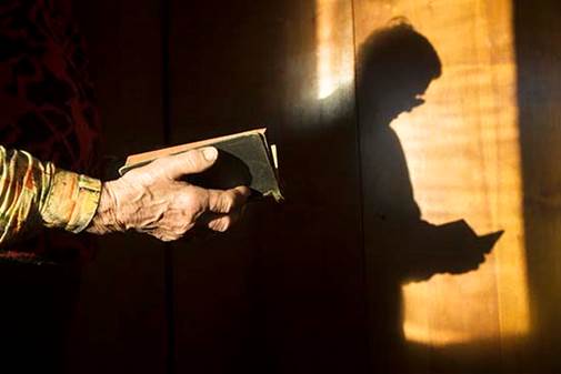 Fotografía de un varón mayor de edad que lee la Biblia, su sombra reflejada de silueta en el trasfondo.