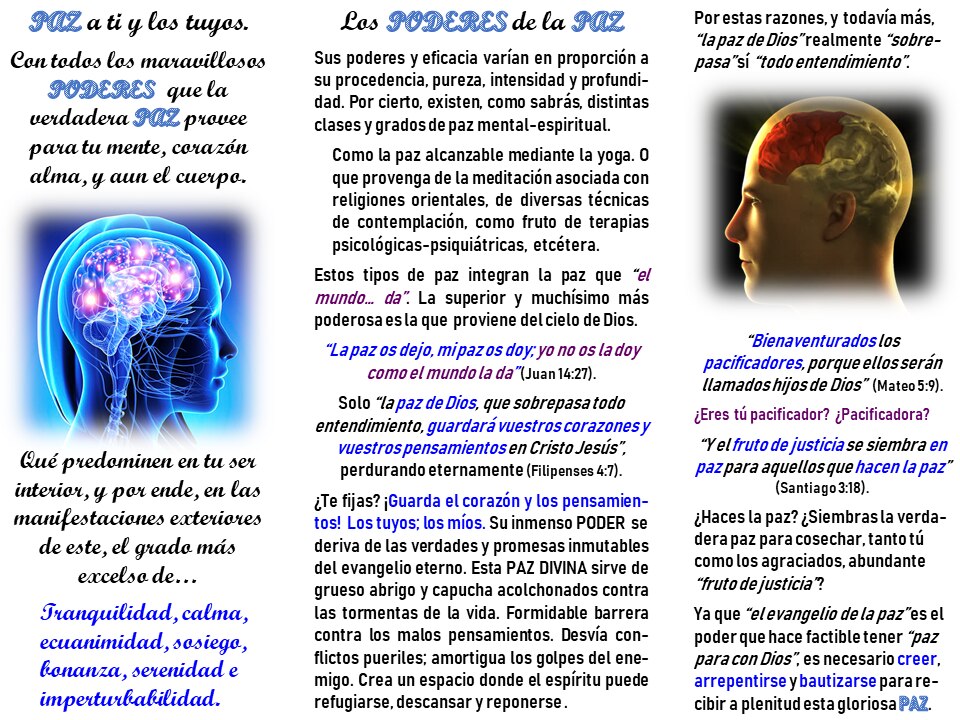 Los Poderes de la Paz es el título de esta diapositiva compuesta de gráficas de la cabeza de una dama y la de un hombre, más textos que presentan enseñanzas prácticas y motivadoras.