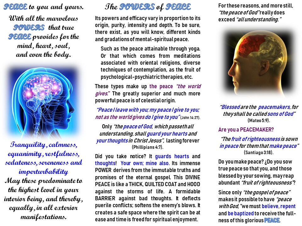 The Powers of Peace is the subject of this PowerPoint slide. Artistic renditions of the head of a woman and the head of a man, plus relevant Bible texts, observations and applications, make up the content.