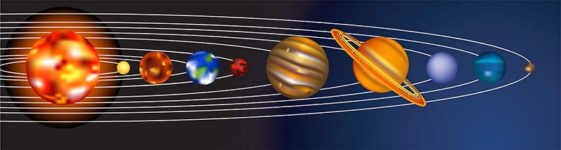 Una gráfica de colores intensos del Sol y los planetas en su secuencia en el espacio, para el tema: La Deidad: su organización.