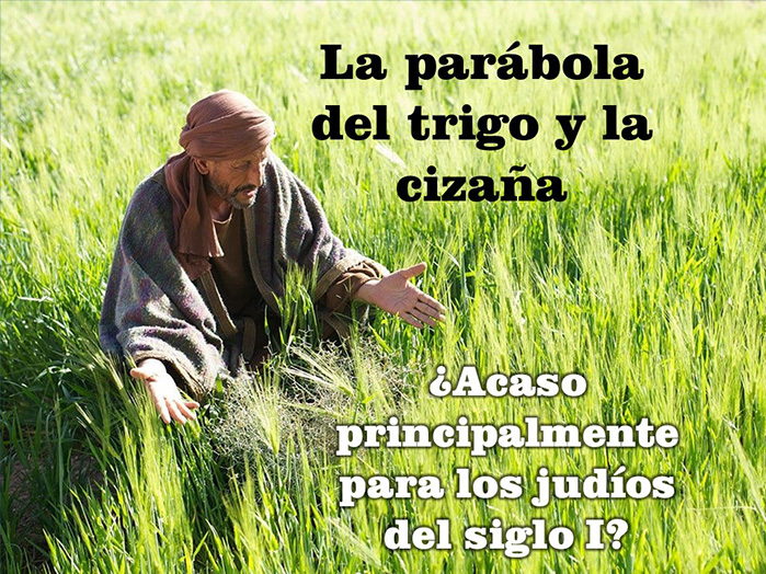 El varón parado en un campo de trigo, viendo cizaña creciendo entre el trigo, hace un gesto de sorpresa y consternación, como pensando: 

Sembré semilla de trigo en este campo. ¿Cómo explicar que haya tanta cizaña entre el trigo?