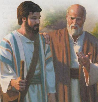 Pintura del apóstol Pablo con su hijo en la fe Timoteo, ilustración para el Modelo por excelencia para el adiestramiento de evangelistas. 