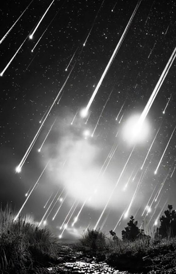 Meteoros, bolas de fuego y bólidos surcan el cielo negro precipitándose hacia la Tierra, mientras sus explosiones iluminan la superficie del planeta.