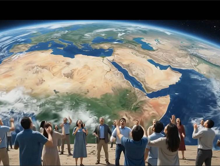 Personas que representan a las regiones de Asia miran hacia arriba —asombradas, aterrorizadas, con los brazos en alto y las manos cubriéndose los ojos— hacia el cielo sobre la Tierra, mientras las capas de la troposfera, la estratosfera y la mesosfera se desprenden y se enrollan como un pergamino.