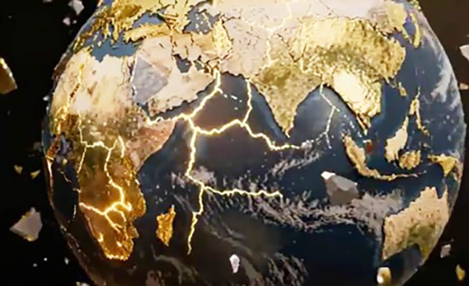 Una representación artística de terremotos potentes que rayan los continentes de África y Asia, así como las numerosas islas del Océano Pacífico oriental.