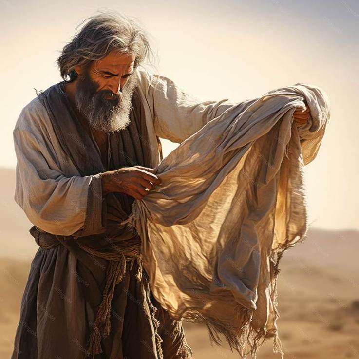 Una fotografía de un varón, con barba larga y vestimenta típica de los israelitas del siglo I, sostiene en las manos una tela de cilicio pardo oscuro.