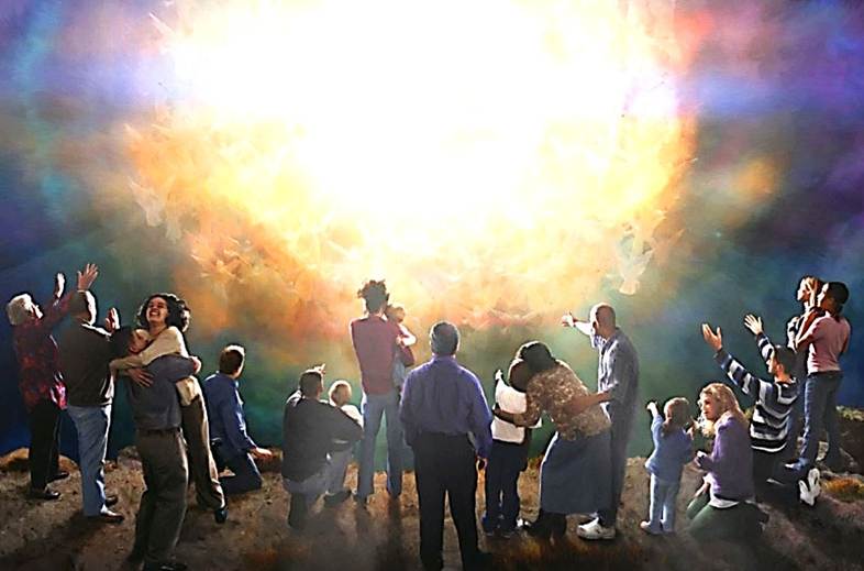 Una obra artística que representa a seres humanos parados de espalda y contemplando muy de cerca un resplandor circular blanco enorme con neblinas teñidas de rojo, anaranjado y amarillo en la periferia, en representación de la Segundo Aparición de Jesucristo.