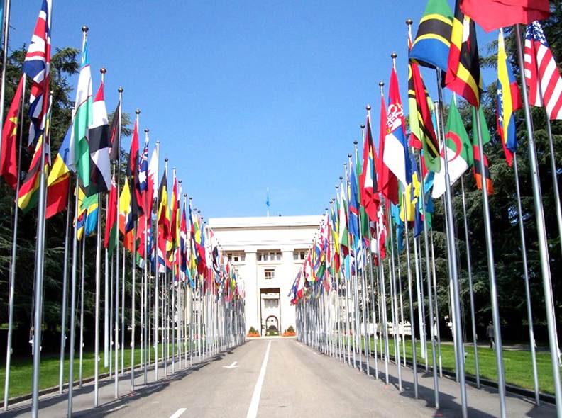 Una fotografía de veintenas de banderas de las naciones del mundo a lo largo de una calle que conduce a un edificio blanco.