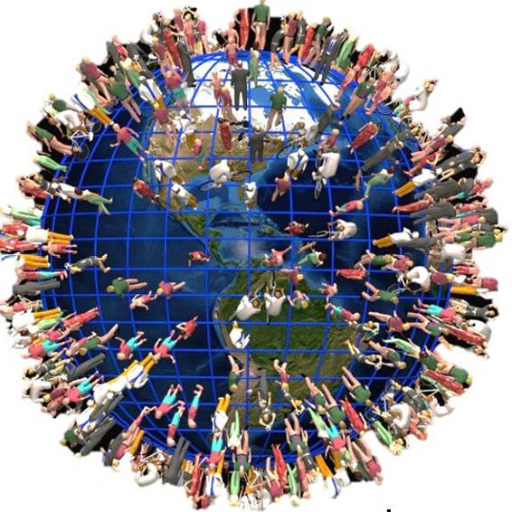 Una creación artística del globo terráqueo con seres humanos en miniatura parados sobre toda la superficie. 
