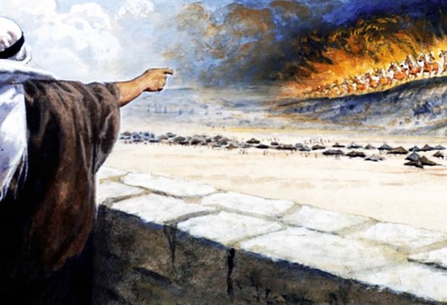 Una representación artística de un varón parado de espaldas en un balcón de bloques y señalando hacia un gran número de caballos blancos con sus jinetes que vienen en las nubes.