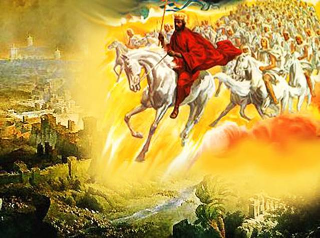 Una pintura artística que representa a Jesucristo montado sobre un caballo blanco, seguido por un gran ejército celestial de seres glorificados también montando caballos blancos, sobre un trasfondo de nubes teñidas de amarillo y rojo.
