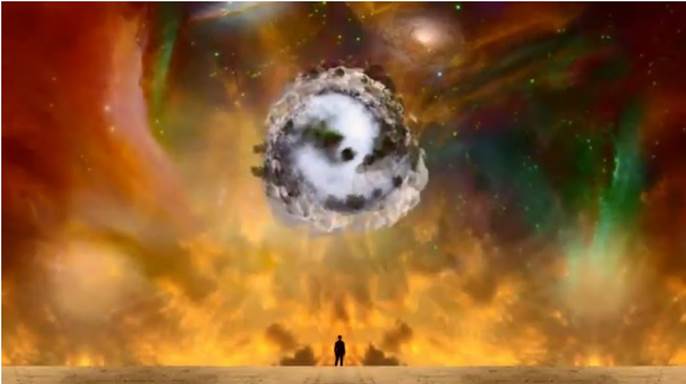 Una imagen de una figura humana en silueta que contempla una esfera extraña bien cerca de élarriba en los cielos llenos de neblinas revocadas rojas, anaranjadas y grisáceas. 