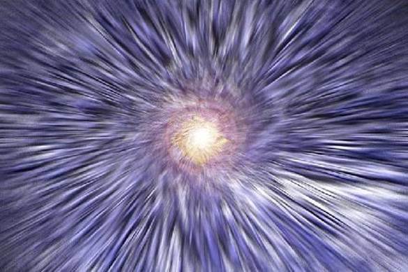 Una creación artística con una poderosa luz blanca en el centro de la cual emanan miles de rayos blancos contra un trasfondo espacial púrpura.