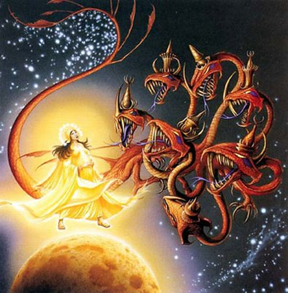Una imagen de una mujer parada sobre el sol amenazada por un gran dragón escarlata con siete cabezas y siete cuernos.