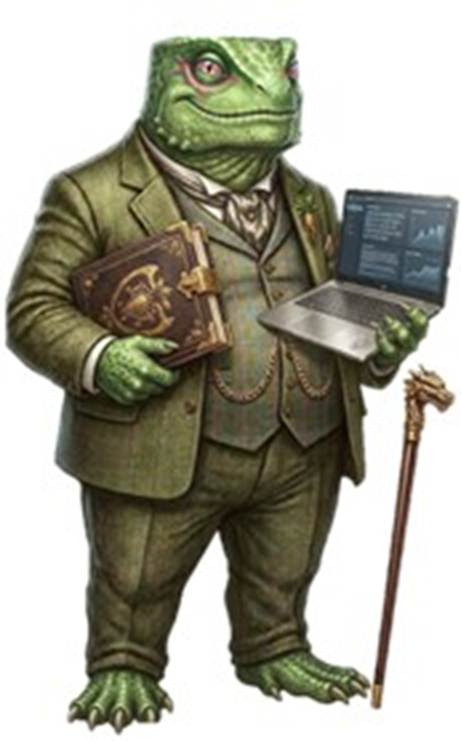 Una creación artística digital de un ser con cuerpo de varón corpulento vestido de traje con una computadora laptop en la mano izquierda mas con cabeza, manos y pies como de rana verde.