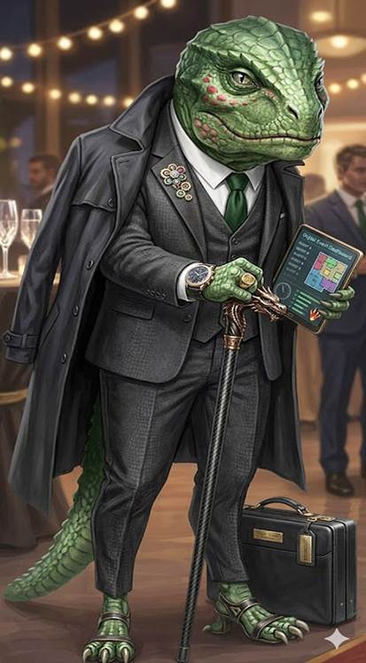 Imagen AI de un varón de traje, corbata y capa, con un bastón en la mano derecha mas con cabeza, manos y pies de rana verde.