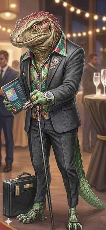 Una creación AI Gemini de hombre vestido de traje y camisa multicolor mas con cabeza, manos y pies como de reptíl.