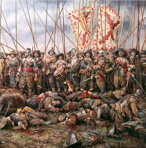 La representación artística de una batalla de la Guerra de los Treinta Años entre fuerzas católicas contra fuerzas protestantes. 1618 – 1648. Guerra luchada principalmente en el centro de Europa. Murieron entre 4.5 y 8 millones de militares y civiles a consecuencia de las batallas, hambrunas y enfermedades.