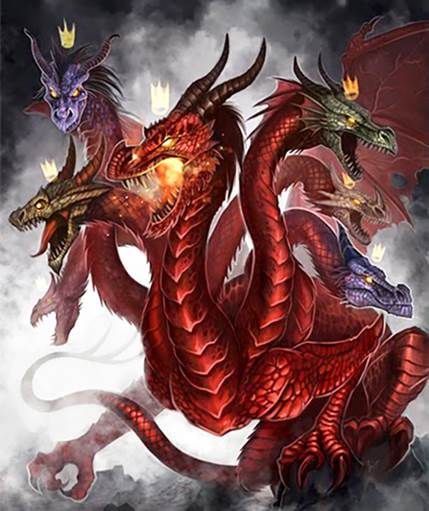 Visualización artística de un gran dragón escarlata para el comentario sobre la gran batalla en el cielo de Apocalipsis 12.