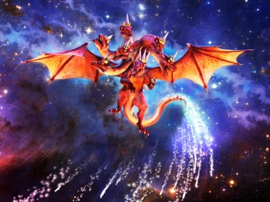 Una visualización artística representa de forma realista al gran dragón escarlata arriba en el espacio estrellado con trasfondos azules en el acto de arrastrar la tercera parte de las estrellas con su cola, simbolizando su caída del cielo juntamente con sus ángeles.