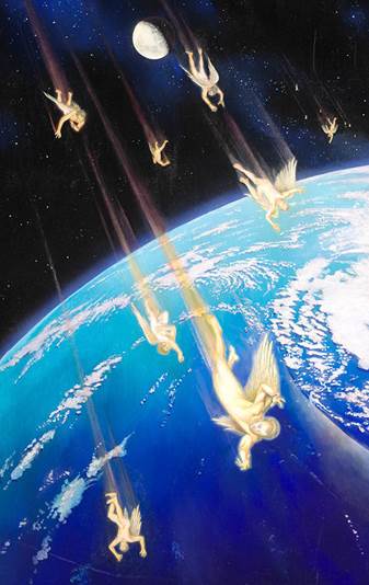 Esta creación artística representa a Satanás y sus ángeles arrojados del cielo sobre el planeta Tierra en azul, con la luna contra el espacio negro y los ángeles en color crema, ilustración para las consecuencia de la Gran Batalla en el cielo.
