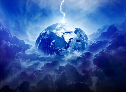 Esta creación artística del globo terráqueo entre nubes oscuras y un rayo del cielo que lo alcanza ilustra cómo cayó Satanás como un rayo a la tierra al ser arrojado del cielo.