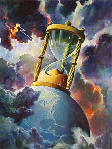 Una pintura de colores vívidos de un gran reloj de arena que descansa sobre el globo azul del planeta Tierra, contra un trasfondo de cielos y nubes de tonalidades de negro, gris, rojo y anaranjado, con rayos.
