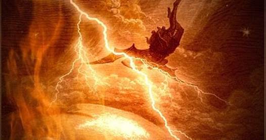 Pintura artística de Lucifer-Satanás como ángel arrojado del cielo, con un trasfondo de nubes anaranjadas, grisáceas y negro alumbradas por rayos fuertes.