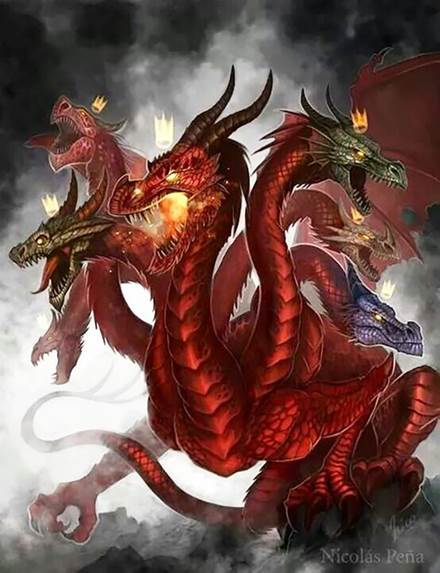 Una pintura artística detallada y realista del gran dragón escarlata con siete cabezas, cada cabeza con su corona, contra un trasfondo de neblinas grisáceas, negras y rojizas, ilustración para el rol de Lucifer-Satanás como gran dragón escarlata.