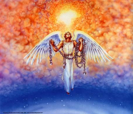 Pintura artística por Pat Marvenko del ángel que baja del cielo con una gran cadena para atar a Satanás en el abismo por mil años, o sea, el Milenio.