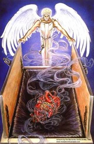 Pintura artística de Satanás como la serpiente antigua atada ya por un ángel del cielo con una gran cadena y encerrado en el abismo por el tiempo del Milenio, o sea, mil años.