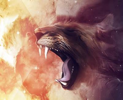Imagen artística abstracta de la cabeza de un león con la boca abierta de par en par, comillas afiladas a plena vista, contra un trasfondo de neblinas espaciales amarillas y anaranjadas, ilustración para el rol de Lucifer-Satanás como león rugiente.