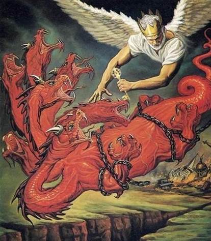 Pintura artística de un fuerte ángel del cielo en el acto de ata al gran dragón escarlata que es Satanás y arrojarlo al abismo donde quedaría atado durante el Milenio.