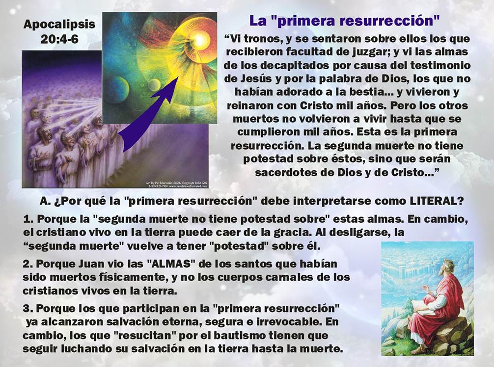 Una pintura artística de una multitud de mártires de Jesús resucitados en la Primera Resurrección y una pintura abstracta sobrepuesta en la esquina superior ilustran el evento referido, más textos relevantes, todo sobre un trasfondo de cielos levemente nublados.