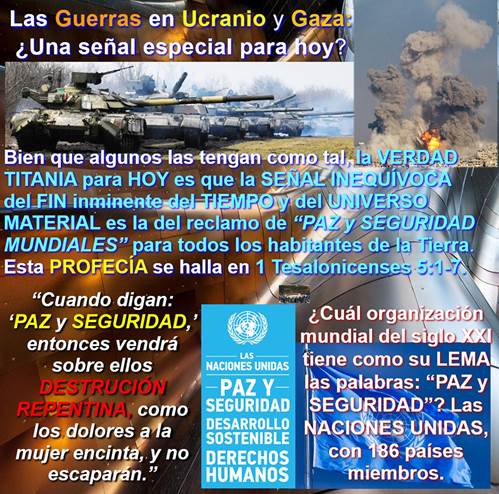 Una imagen compuesta de una fotografía de una fila de tanques en Ucranio, otra de una explosión enorme en Gaza con fuegos que consumen edificios y nubes de humo que alcanzan una gran altura en los cielos, otra de la bandera de las Naciones Unidas, más una toma de un estandarte de las Naciones Unidas donde se destacan las palabras “Paz y Seguridad, con textos concisos alusivos a las Guerras en Ucranio y Gaza, todo sobre el trasfondo de una plancha brillosa de titanio.