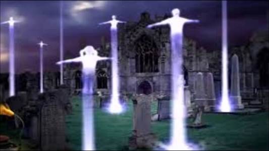 Cuadro artístico de almas representadas por columnas de luz blanca que salen de las tumbas de un cementerio, ilustración para la Primera Resurrección.