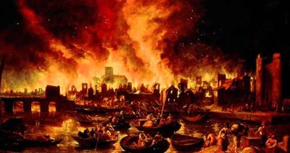 Representación artística de una gran ciudad en primera plana con un río, barcos llenos de personas, un puente y edificios en llamas y en el horizonte, cielos llenos de enormes fuegos voraces y mucho humo negro.