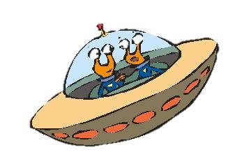 Una imagen de un plataillo volador con dos tripulantes a manera de caricatura.