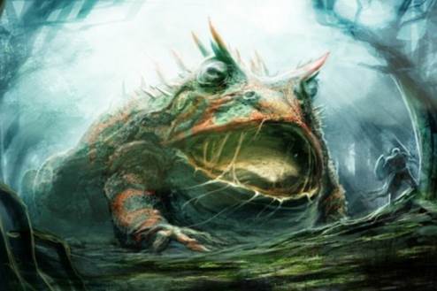 Pintura de una enorma rana de tonos verdosos con la boca abierta en grande, ojos sobresalidos y orejas como de espinas, ilustración para Los tres espírits inmundos de Apcoalipsis.