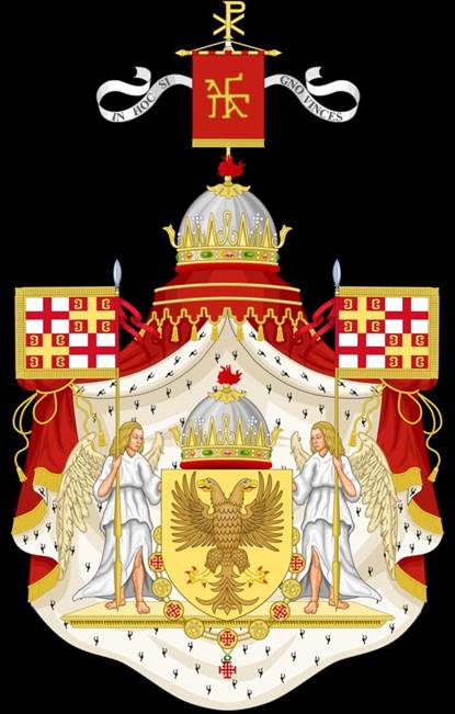 Una imagen del Escudo de Armas del Imperio Romano Oriental sobre un trasfondo negro.