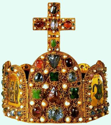 Una imagen de la corona de los emperadores del Imperio Romano Oriental incrustada de muchos gemas y con una cruz encima también con gemas.