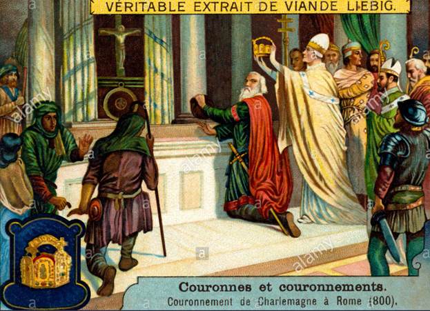 En esta pintura, Carlomagno, arrodillado, vira la cabeza como sorprendido por la acción del Papa Leo III que se le acerca por detrás para coronarlo Emperador de los Romanos.