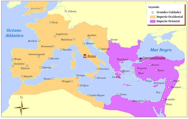 Un mapa donde se definen, en amarillo, las extensiones del Imperio Romano Occidental y las del Imperio Romano Oriental, en púrpura, durante una parte de la Edad Media.