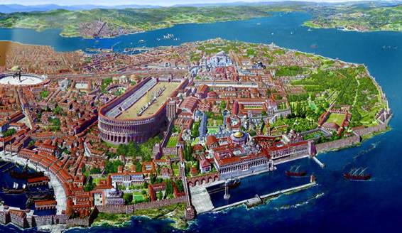 Una visualización artística a todo color de Constantinopla en su apogeo, destacándose el enorme coliseo en el centro de la ciudad y facilidades portuarias, en su ubicación estratégica en el Bósforo.