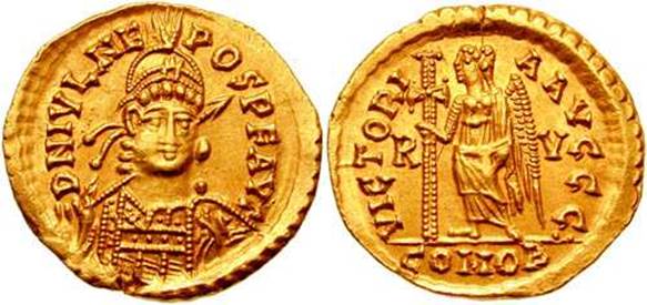 Una fotografía de dos monedas de oro en circulación en el tiempo de Odoacro, quien reconoció a Zenón como emperador del Imperio Romano.