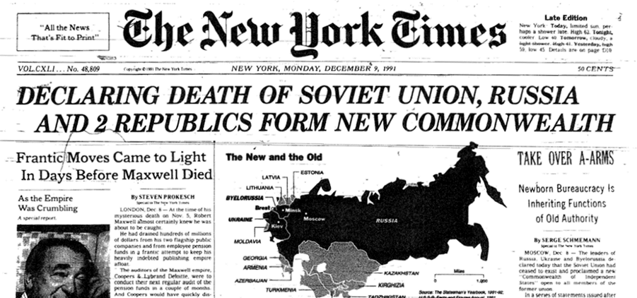 Una fotografía del Titular de New York Times con fecha de diciembre 1991, declarándose en primera plana la Muerte de la Unión Soviética.